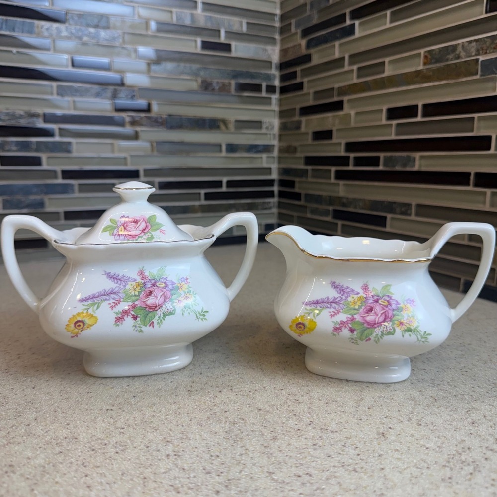 Vintage 1950s WS George Lido Floral Creamer and Lidded Sugar Bowl Set Gold Trim